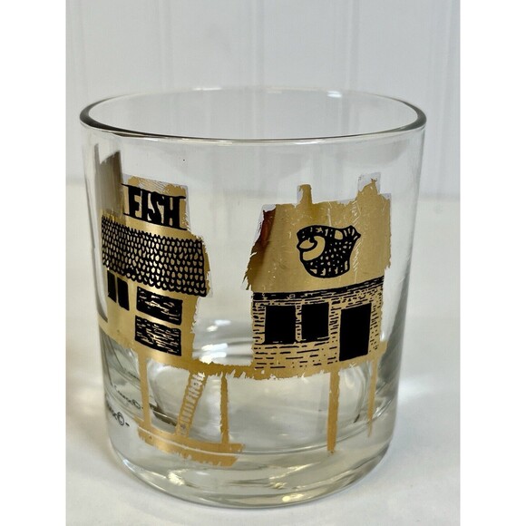1960's Art Deco 22K Gold Fish Wharf Whiskey Glass San Fran Barware Arcoroc Set-2 - Picture 4 of 11